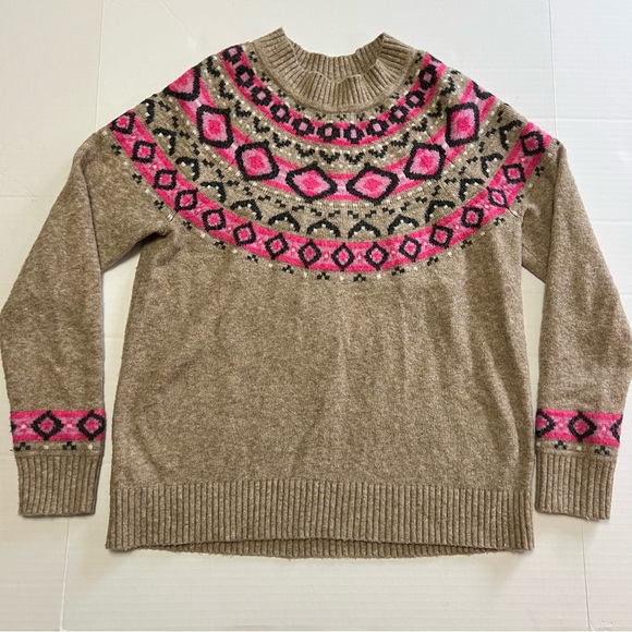 LOFT Wool Blend Fair Isle Crew Neck Sweater Size Small Beige Tan Pink - Picture 3 of 8